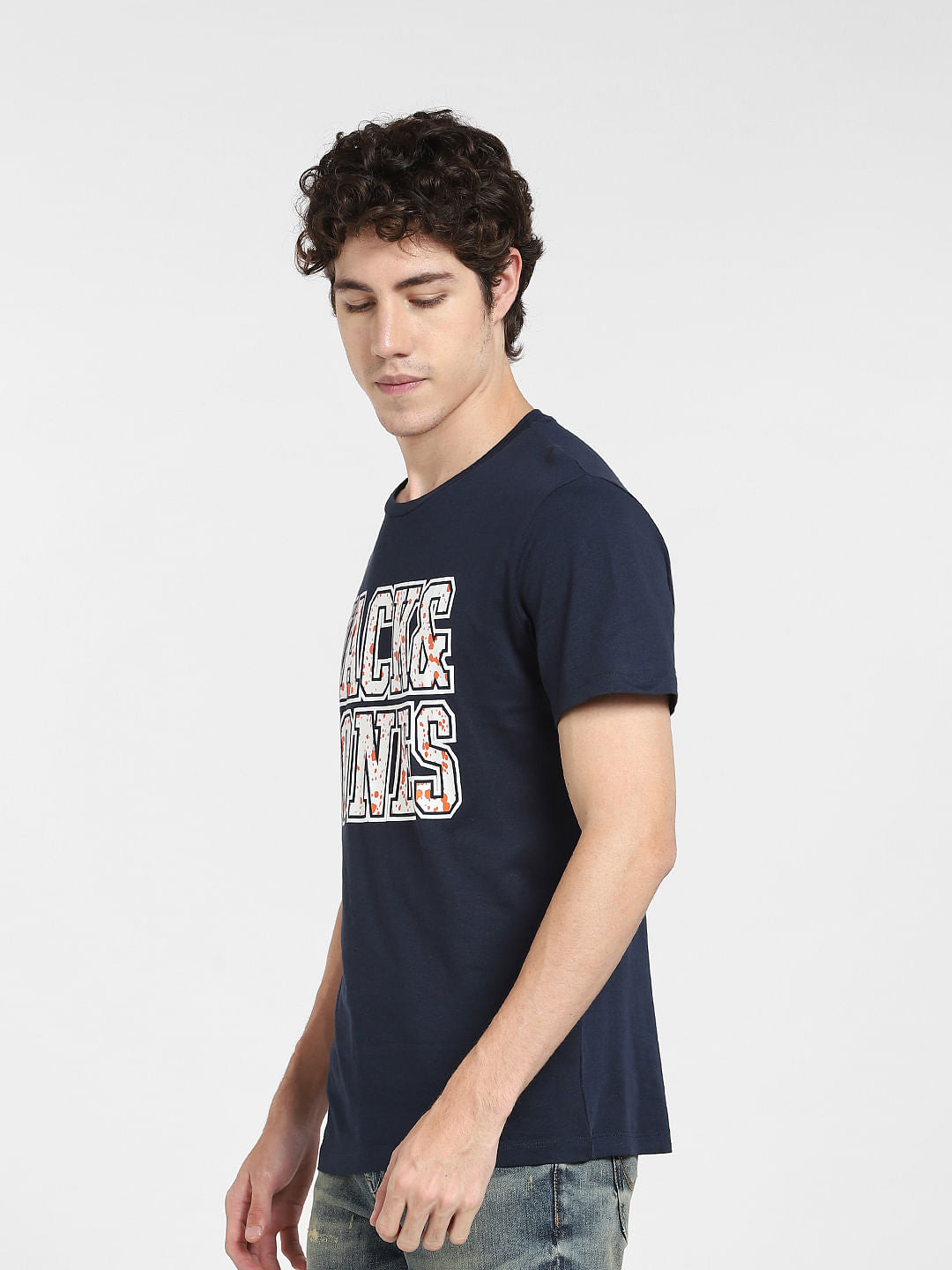 Navy Blue Logo Print Crew Neck T-shirt