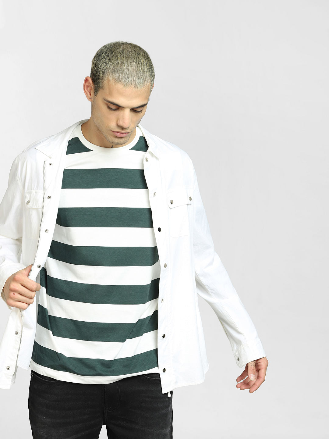 White Striped Crew Neck T-shirt - S