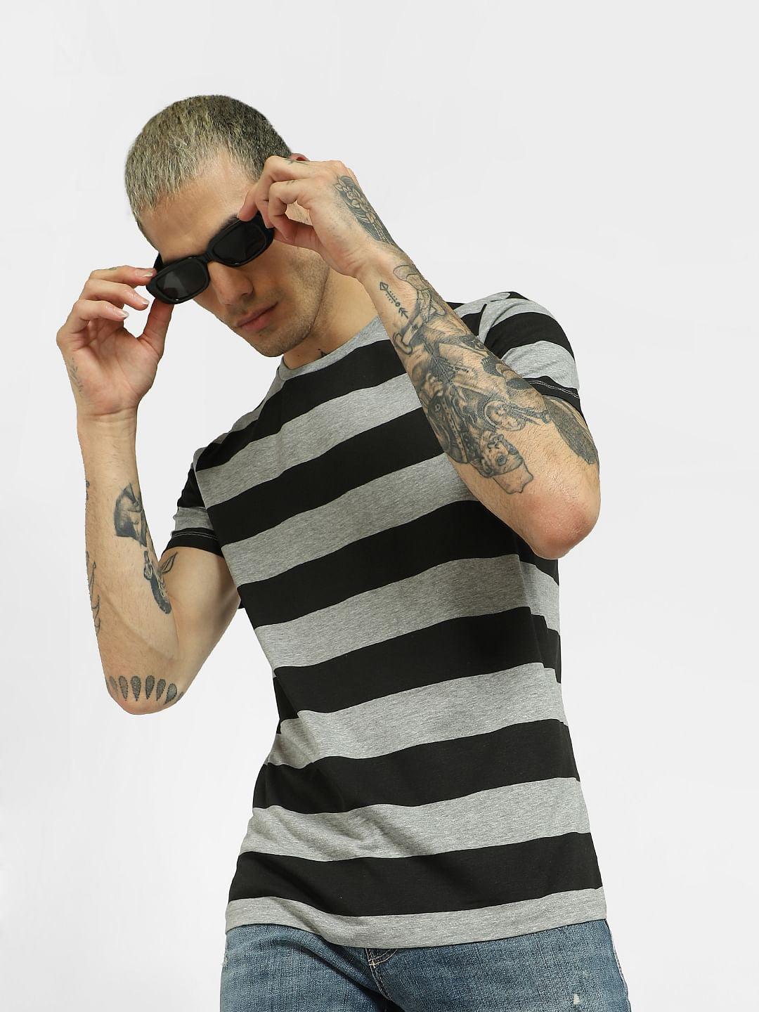 Grey Striped Crew Neck T-shirt - S