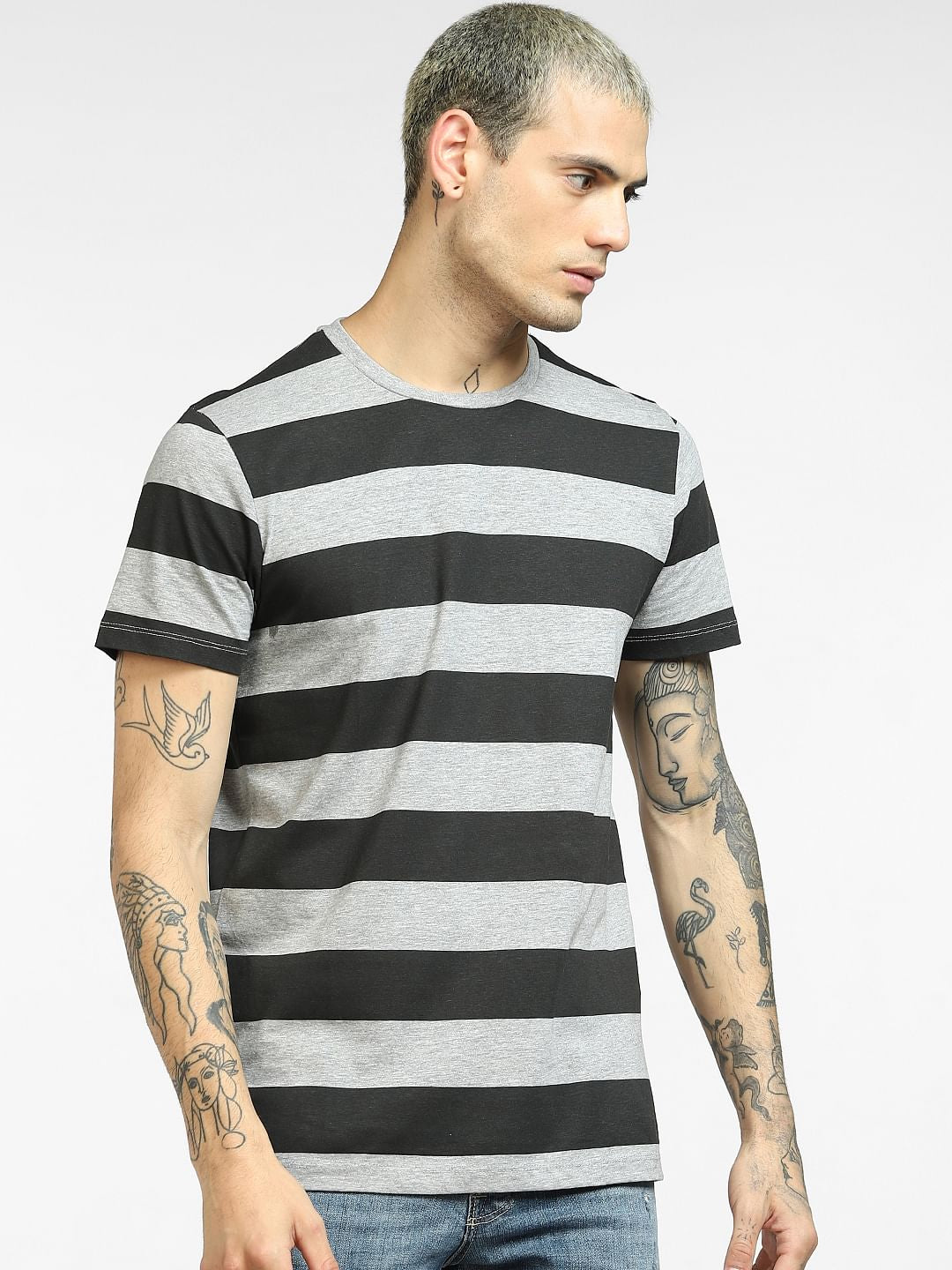 Grey Striped Crew Neck T-shirt