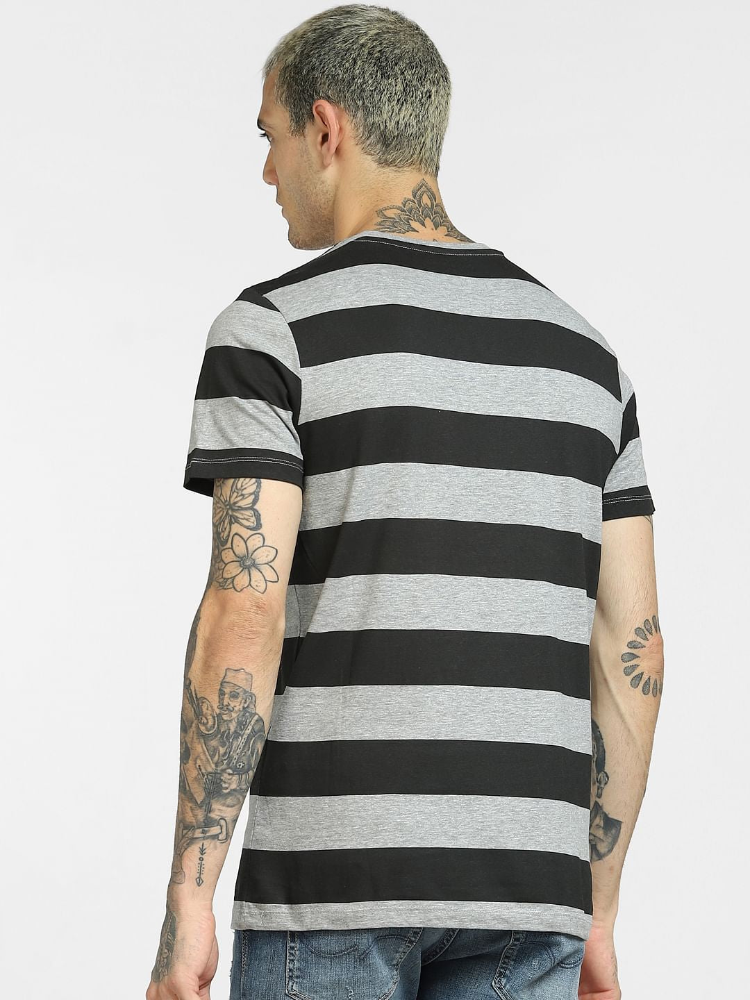 Grey Striped Crew Neck T-shirt