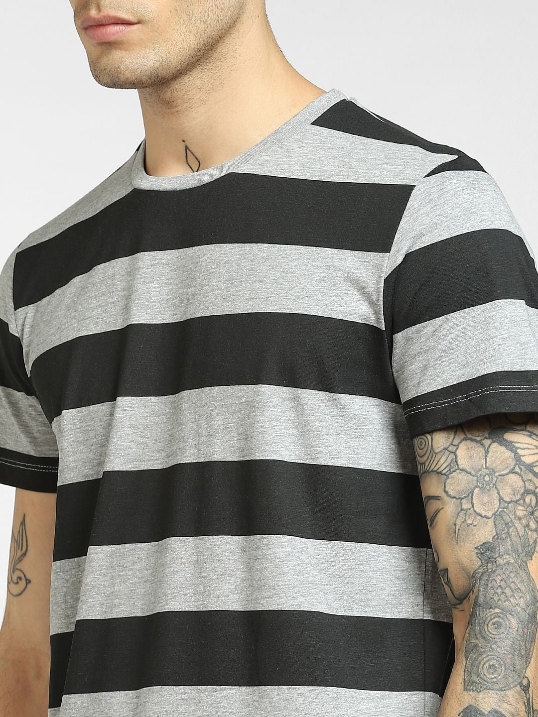 Grey Striped Crew Neck T-shirt