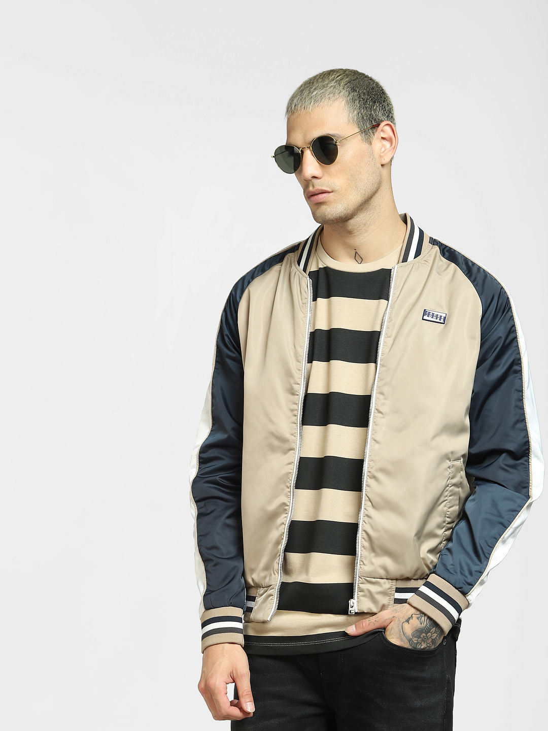 Beige Striped Crew Neck T-shirt - S