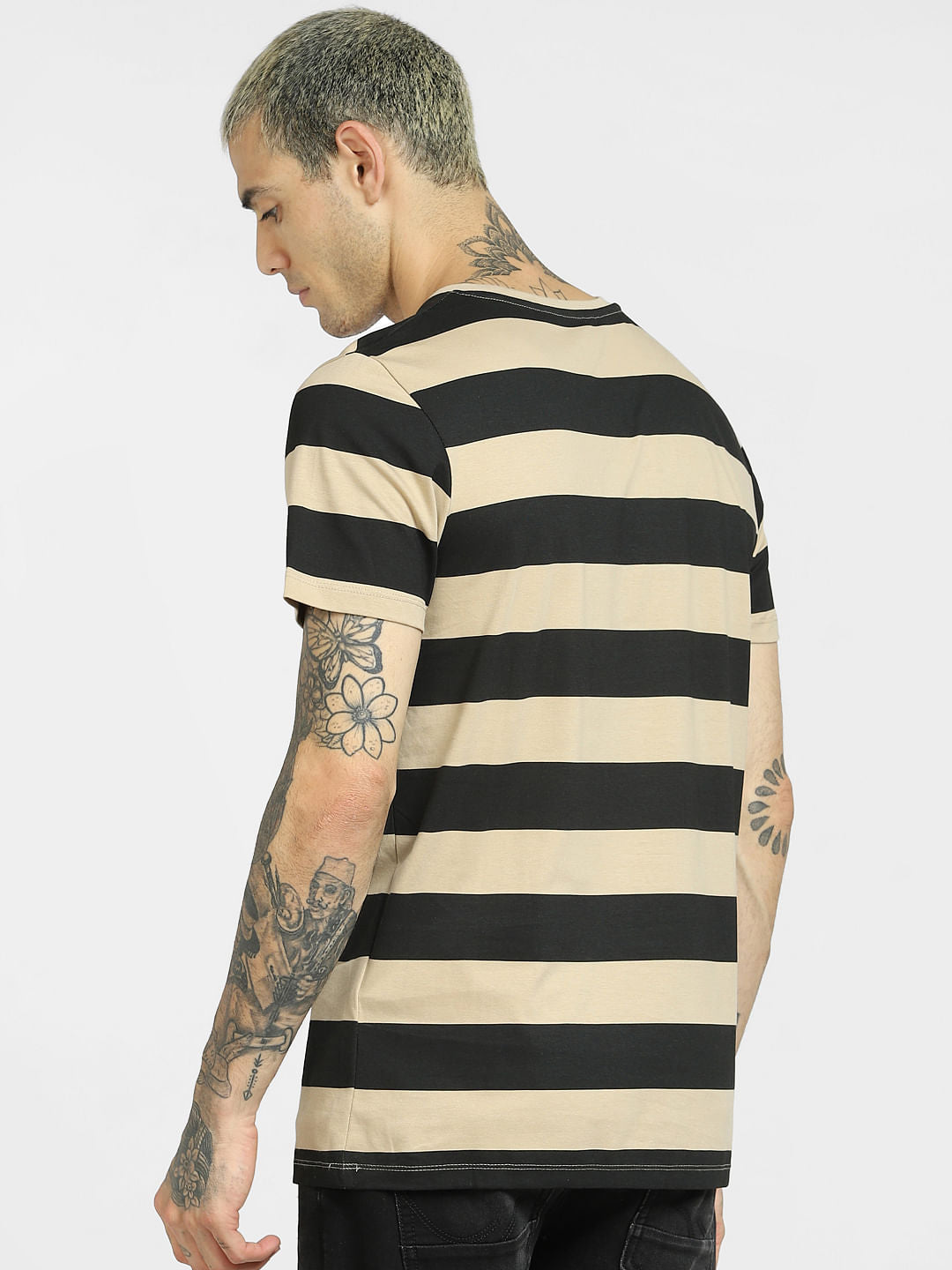 Beige Striped Crew Neck T-shirt