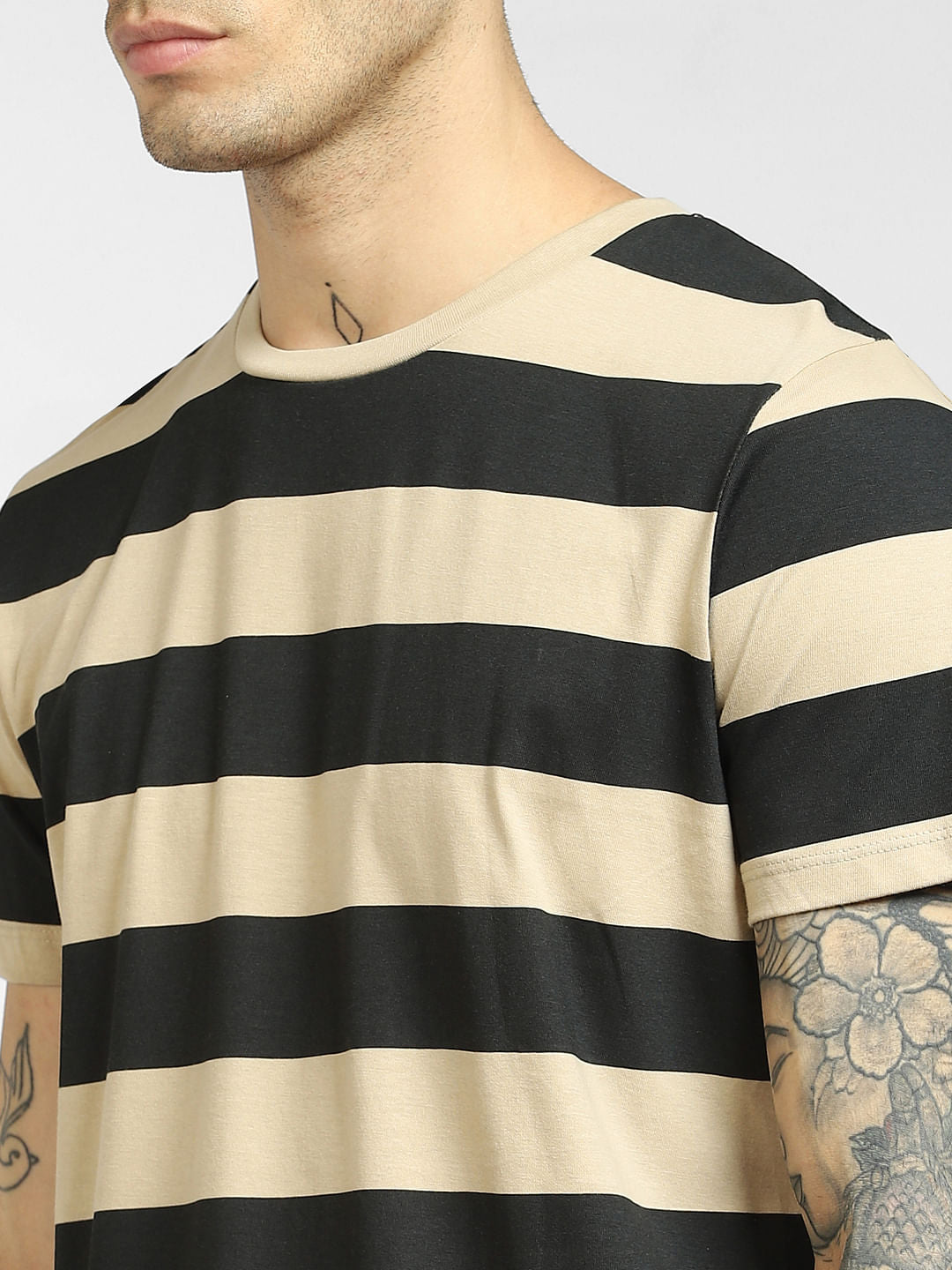 Beige Striped Crew Neck T-shirt