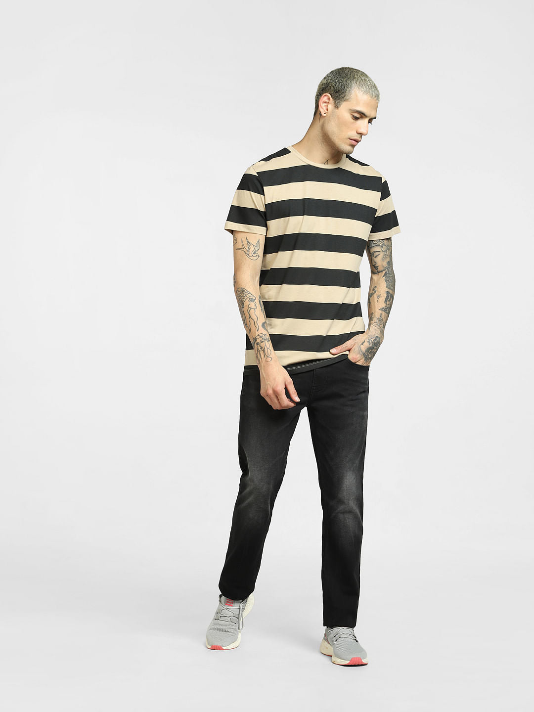 Beige Striped Crew Neck T-shirt
