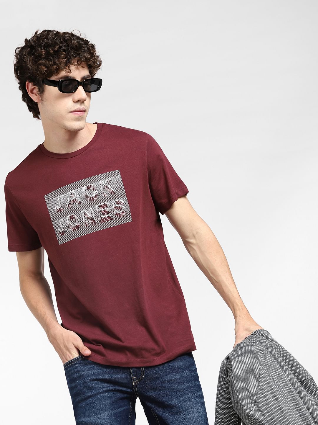 Burgundy Logo Print Crew Neck T-shirt - S