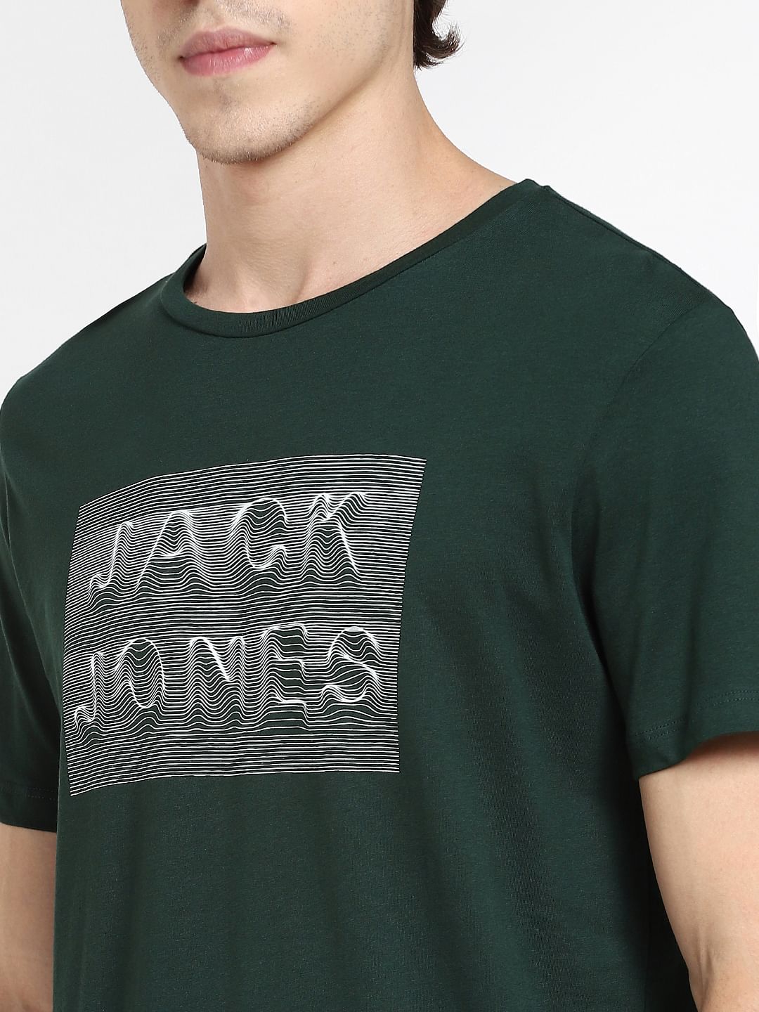Dark Green Logo Print Crew Neck T-shirt