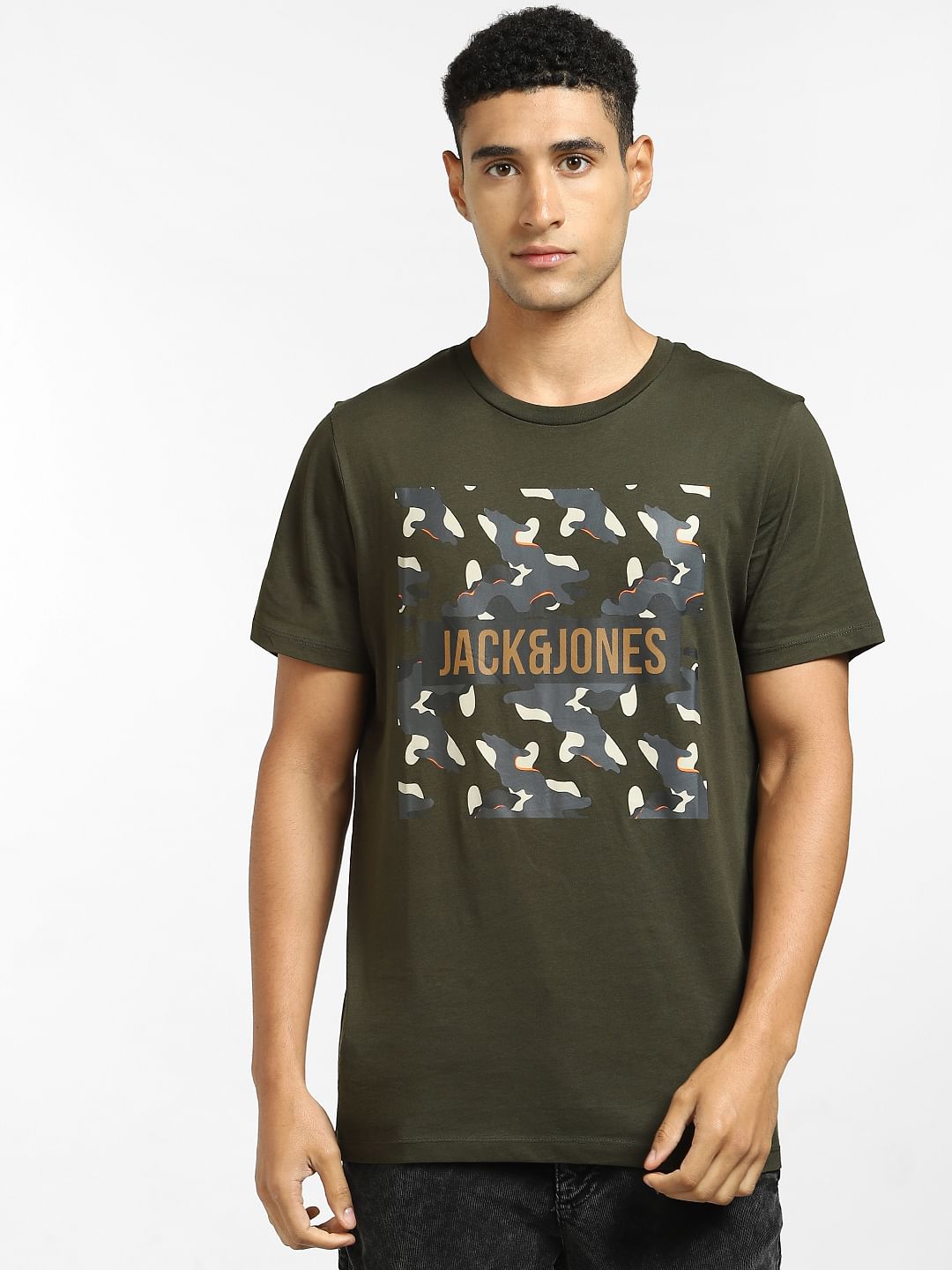 Dark Green Logo Print Crew Neck T-shirt