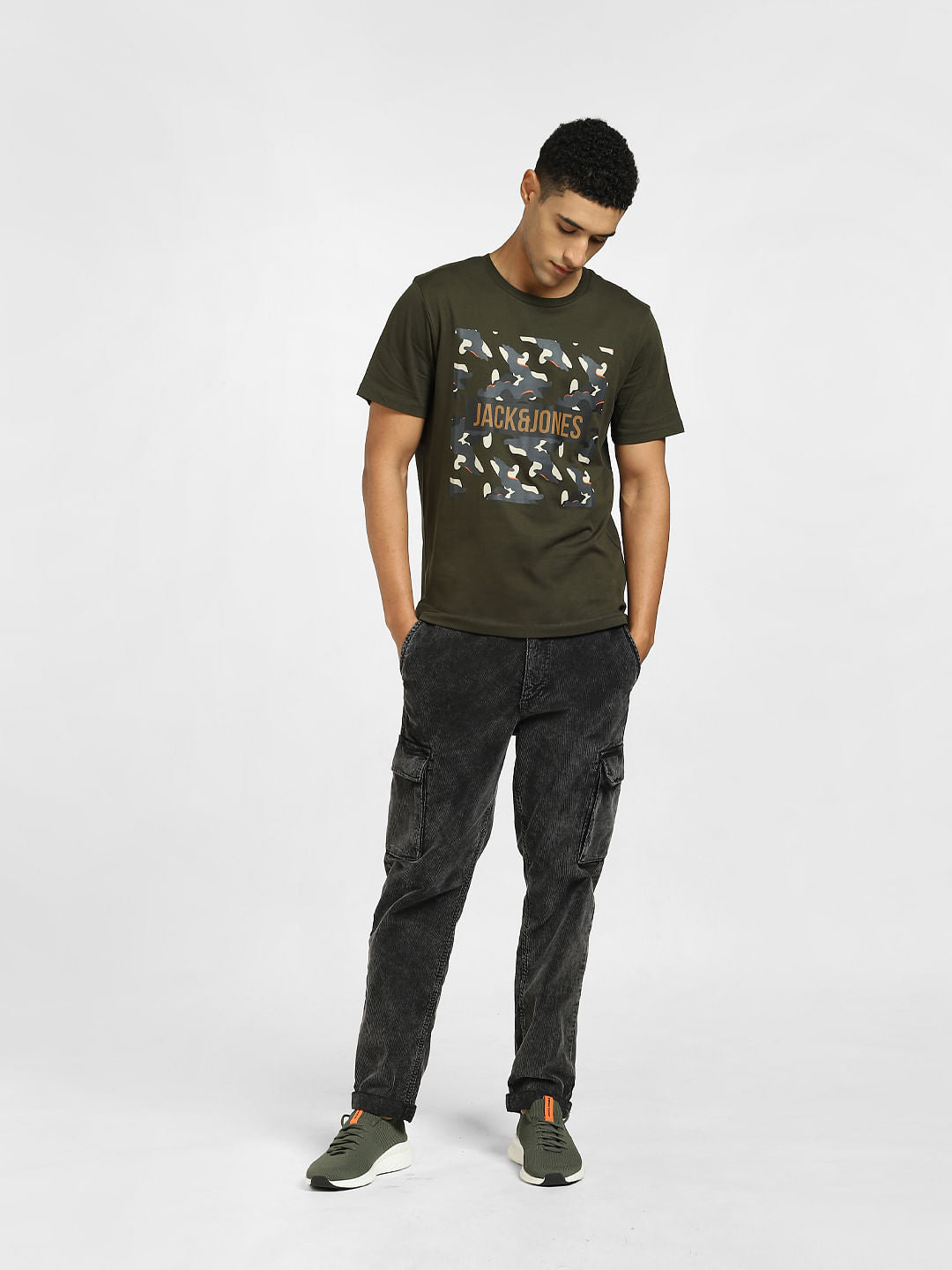 Dark Green Logo Print Crew Neck T-shirt