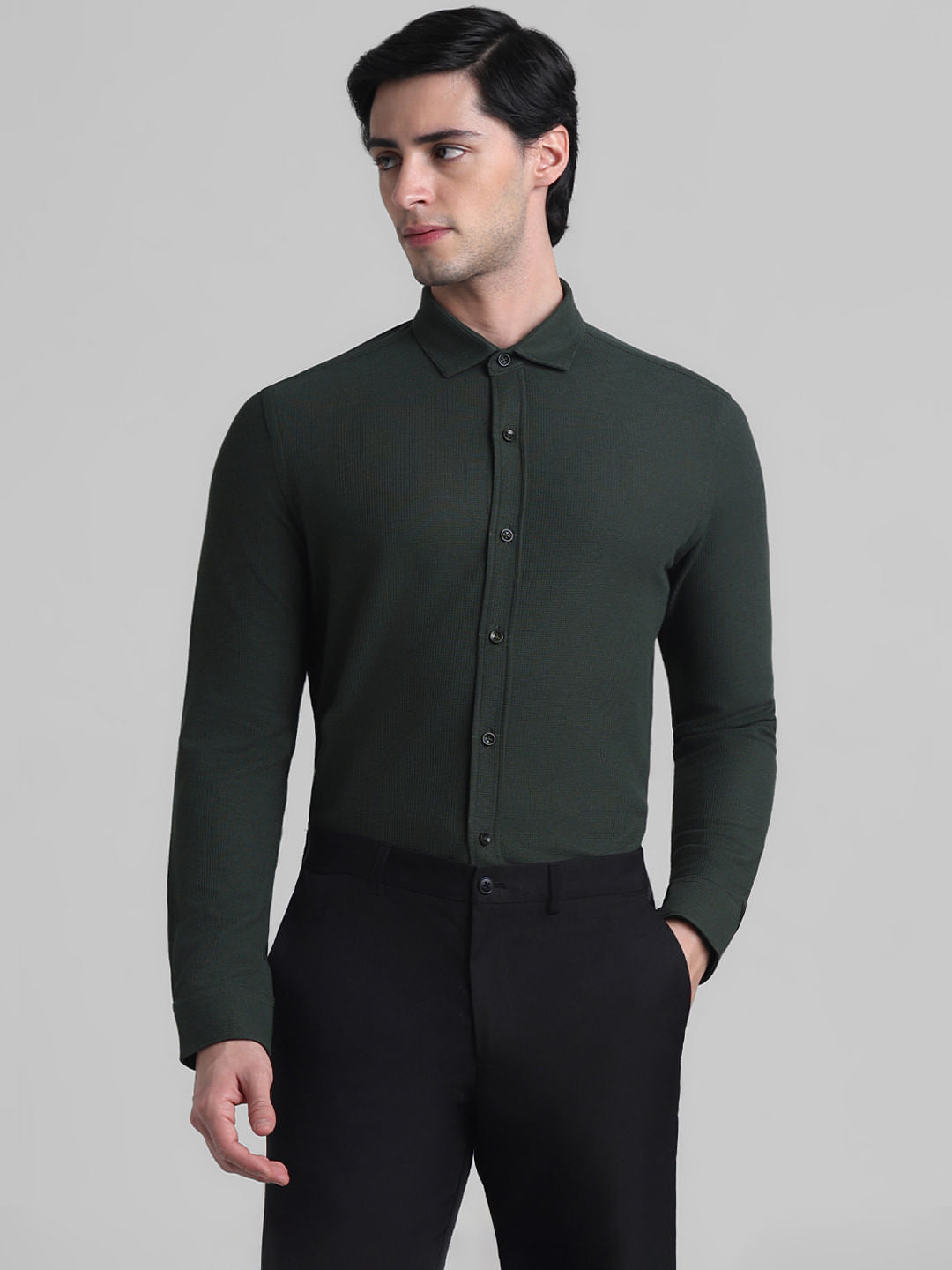 Green Knitted Full Sleeves Shirt