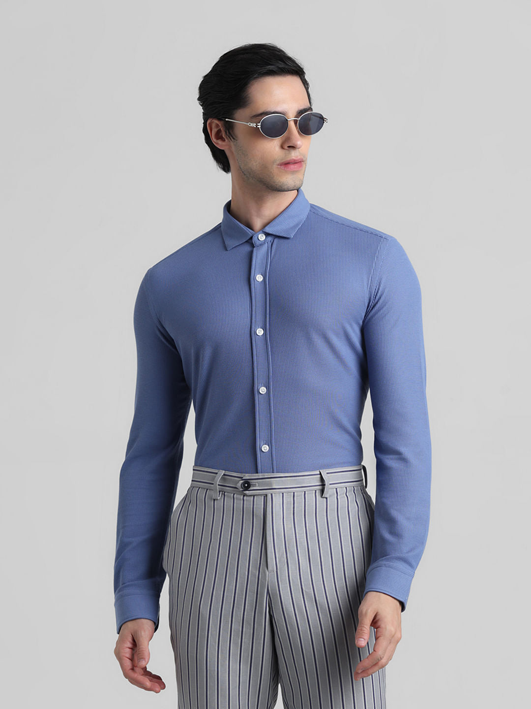 Blue Knitted Full Sleeves Shirt - S