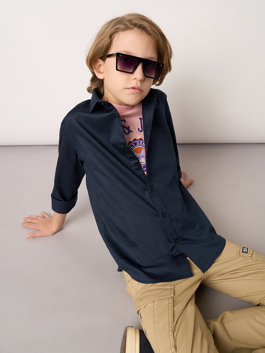 Boys Navy Blue Full Sleeves Shirt - 4/5Y