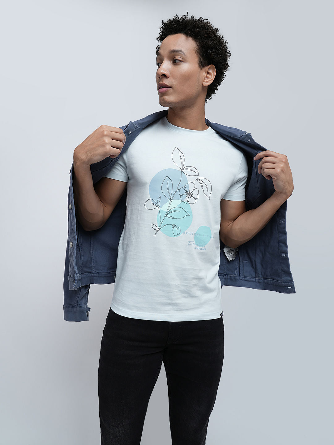 PRODUKT by JACK&JONES Light Blue Floral Crew Neck T-shirt - S