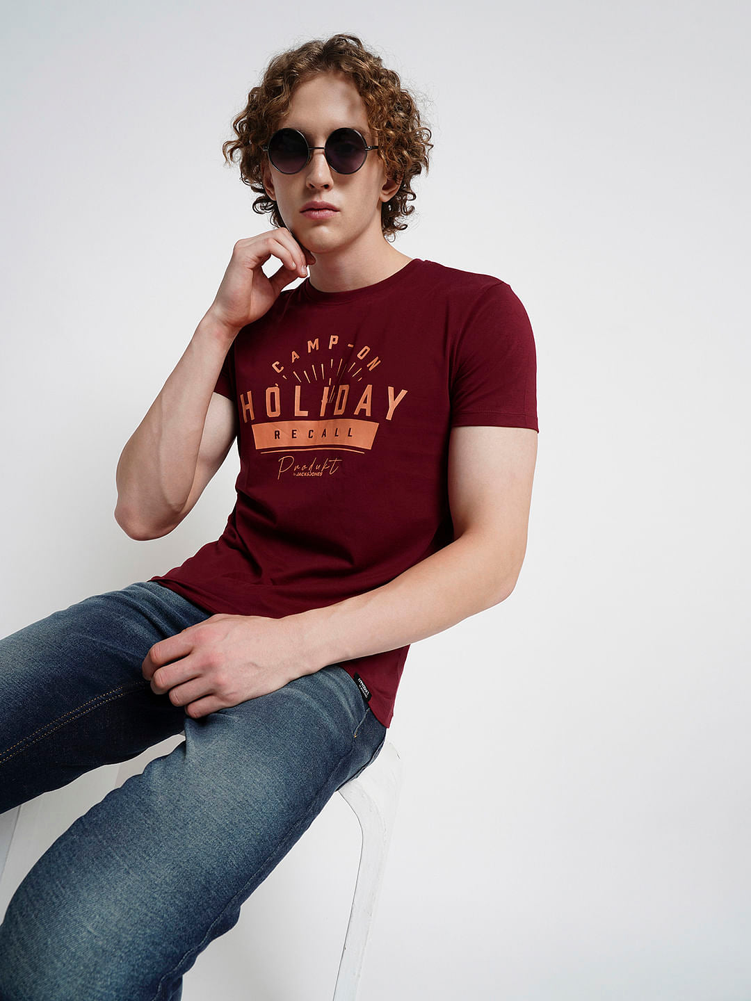 PRODUKT by JACK&JONES Dark Red Printed Crew Neck T-shirt - S