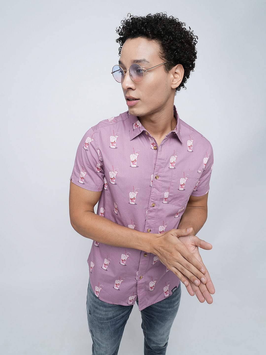 PRODUKT by JACK&JONES Purple Printed Short Sleeves Shirt - S