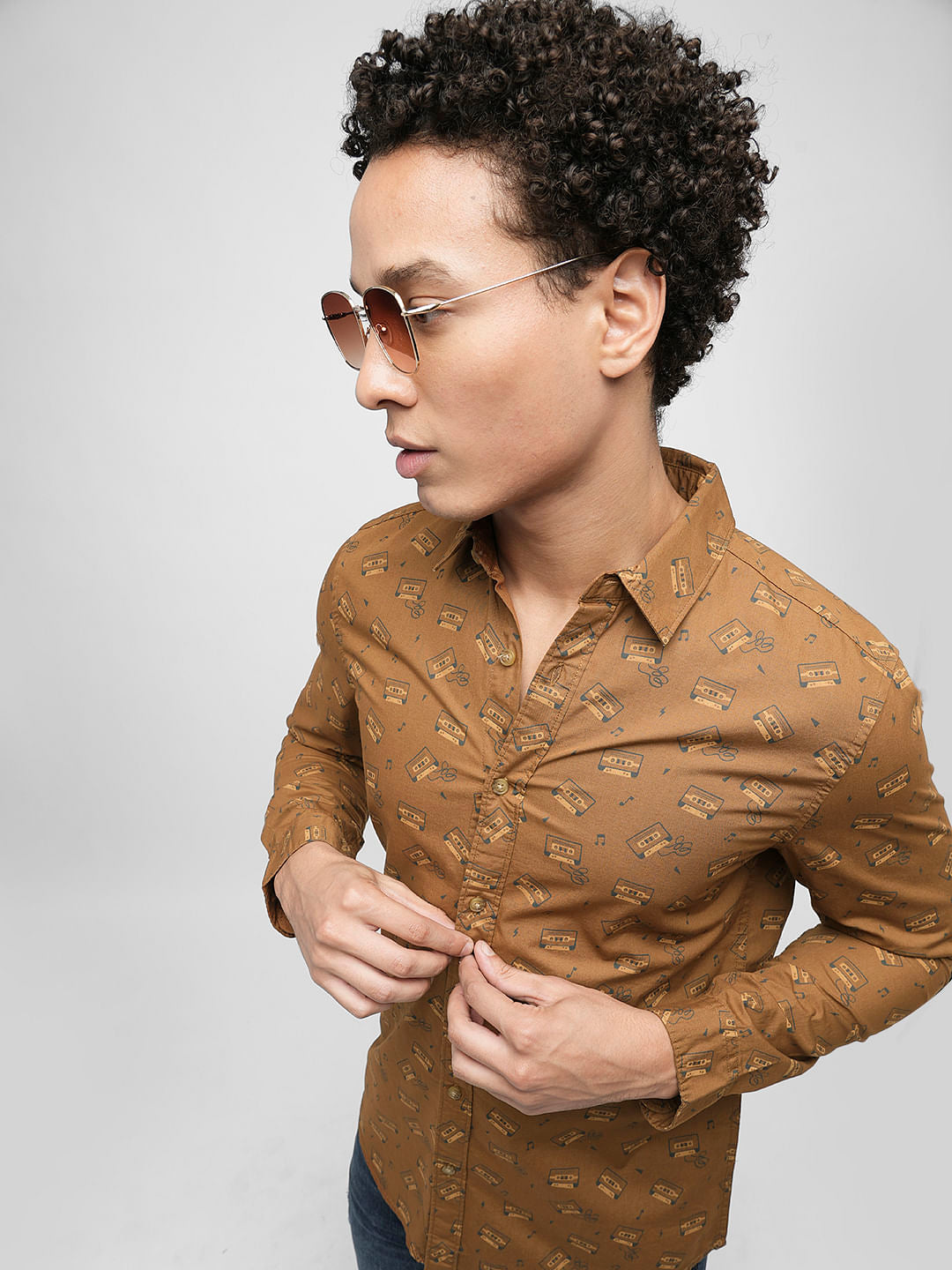 PRODUKT by JACK&JONES Brown Printed Full Sleeves Shirt - S