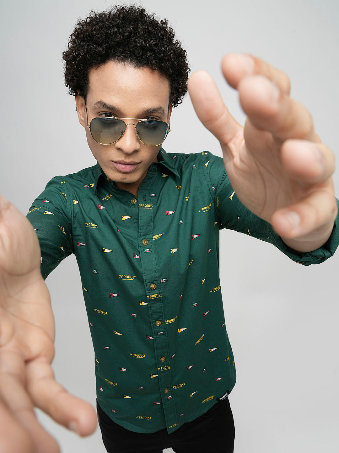 PRODUKT by JACK&JONES Dark Green Printed Full Sleeves Shirt - S