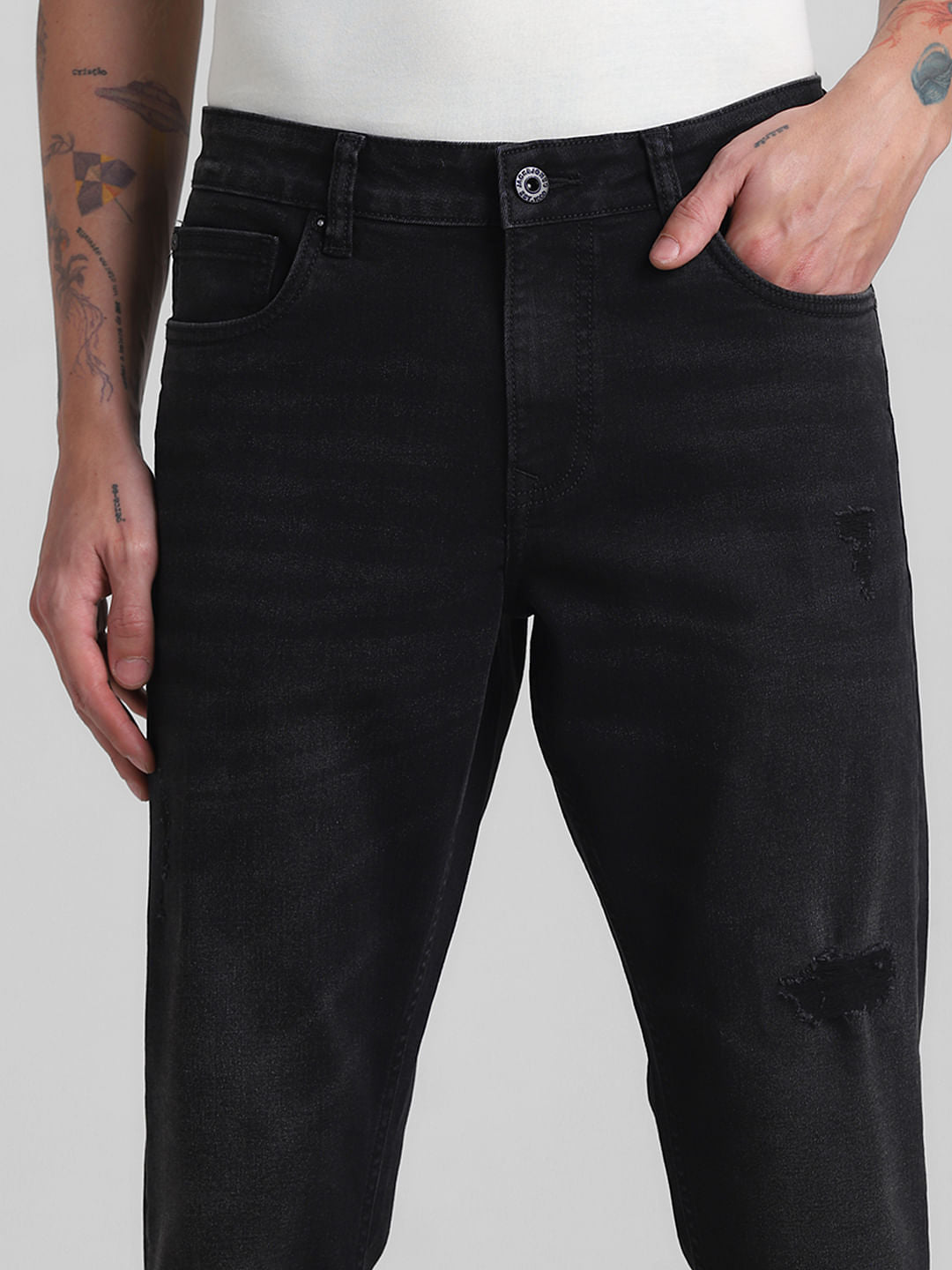 Black Low Rise Distressed Glenn Slim Jeans
