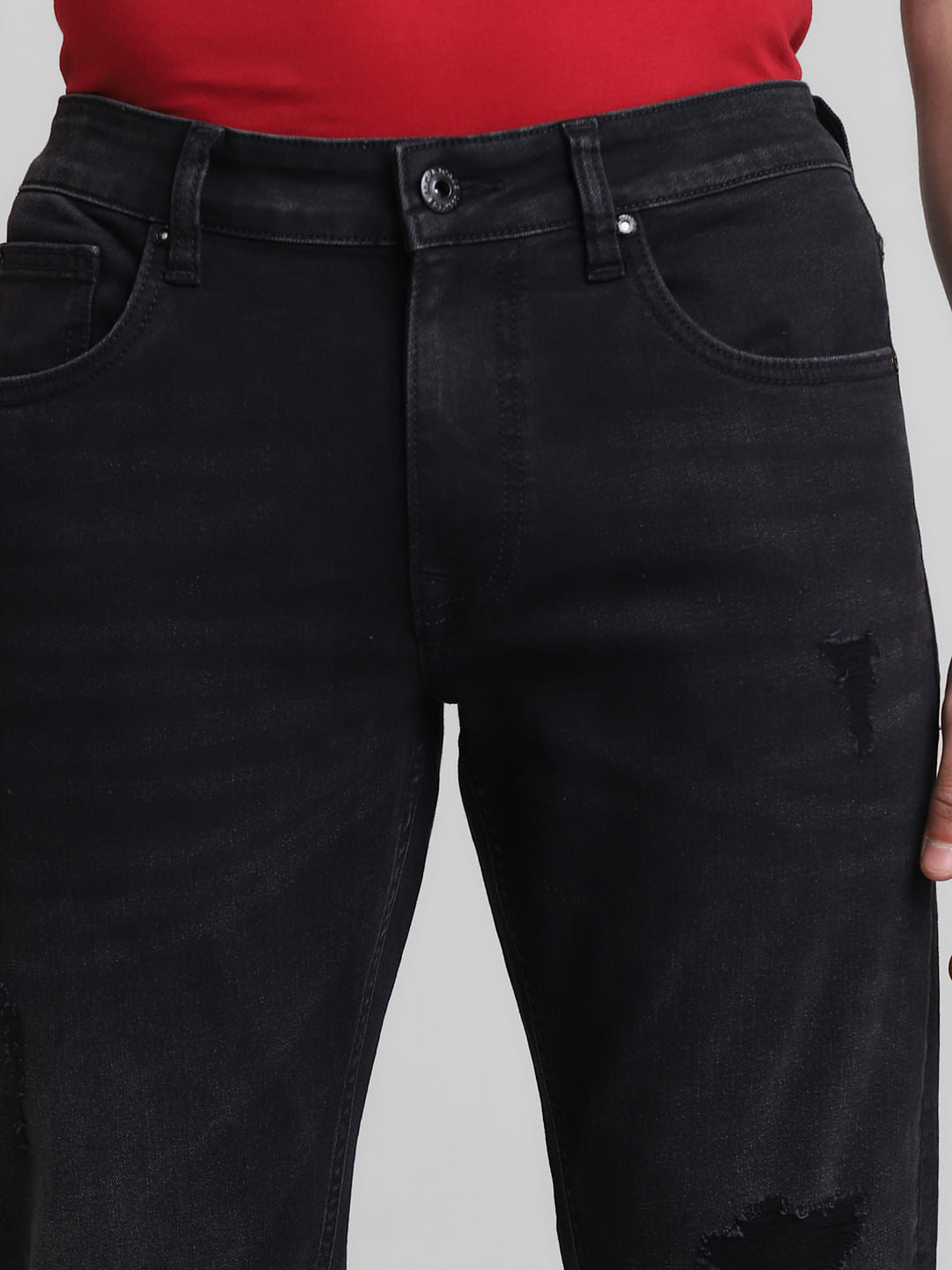 Black Mid Rise Distressed Brak Slim Jeans