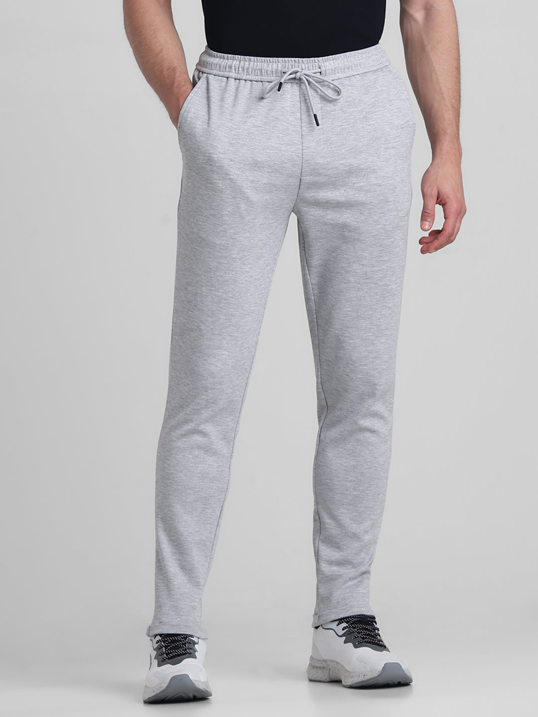 Men's Light Grey Melange Slim Fit Joggers With Drawstring Waist - S