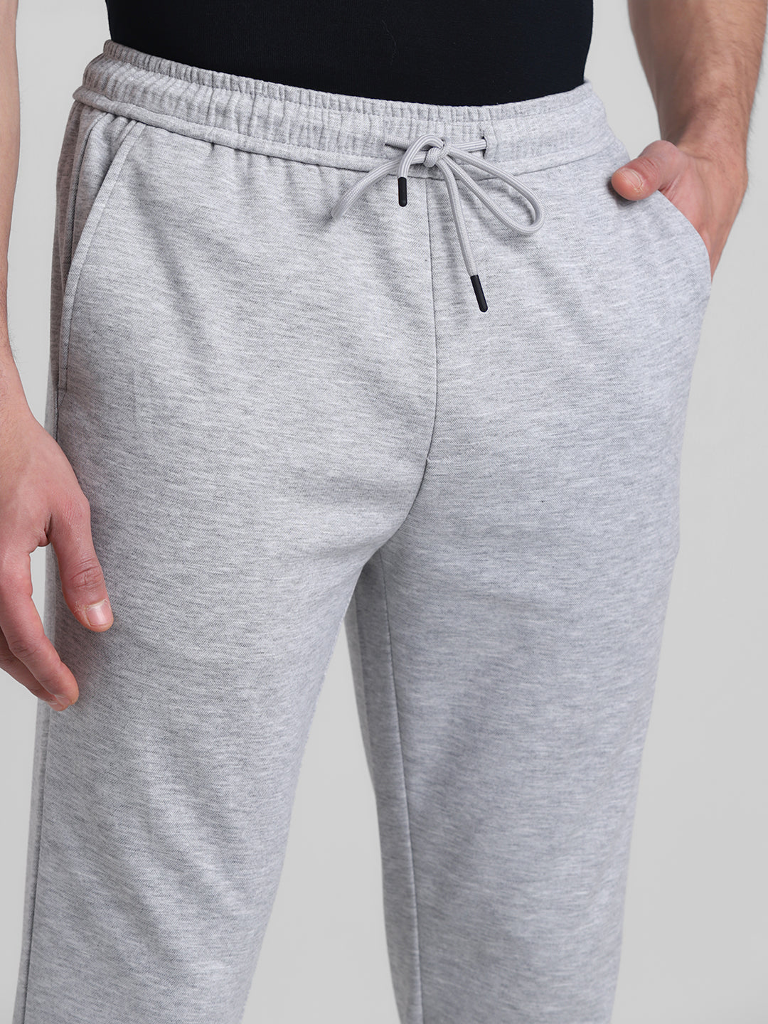 Men's Light Grey Melange Slim Fit Joggers With Drawstring Waist