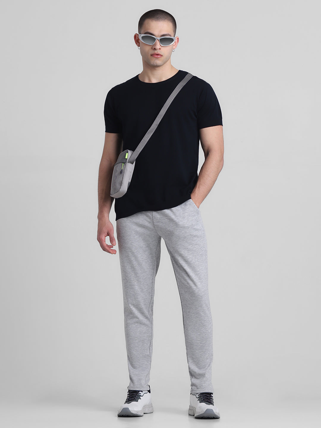 Men's Light Grey Melange Slim Fit Joggers With Drawstring Waist