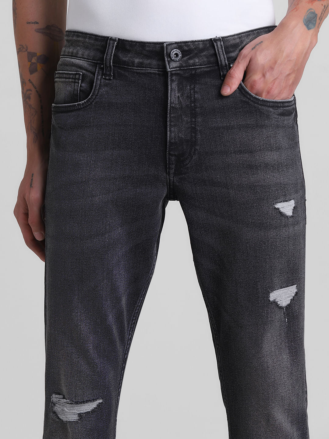 Grey Low Rise Distressed Glenn Slim Jeans