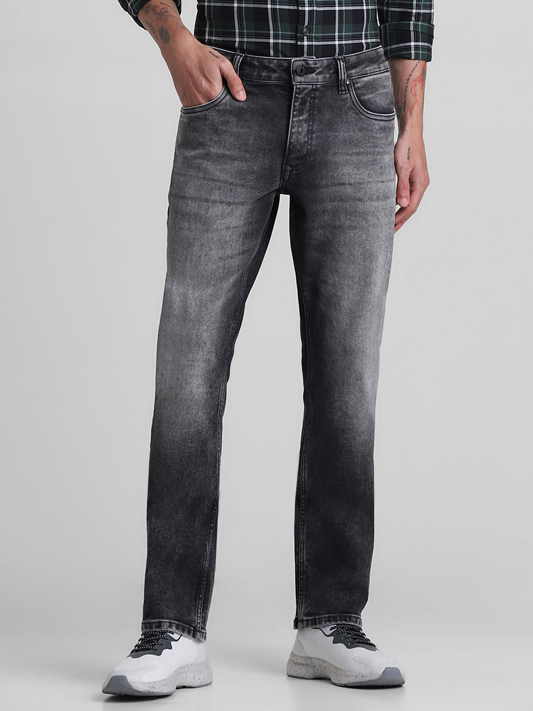 Grey Mid Rise Washed Clark Regular Fit Jeans - 28/30