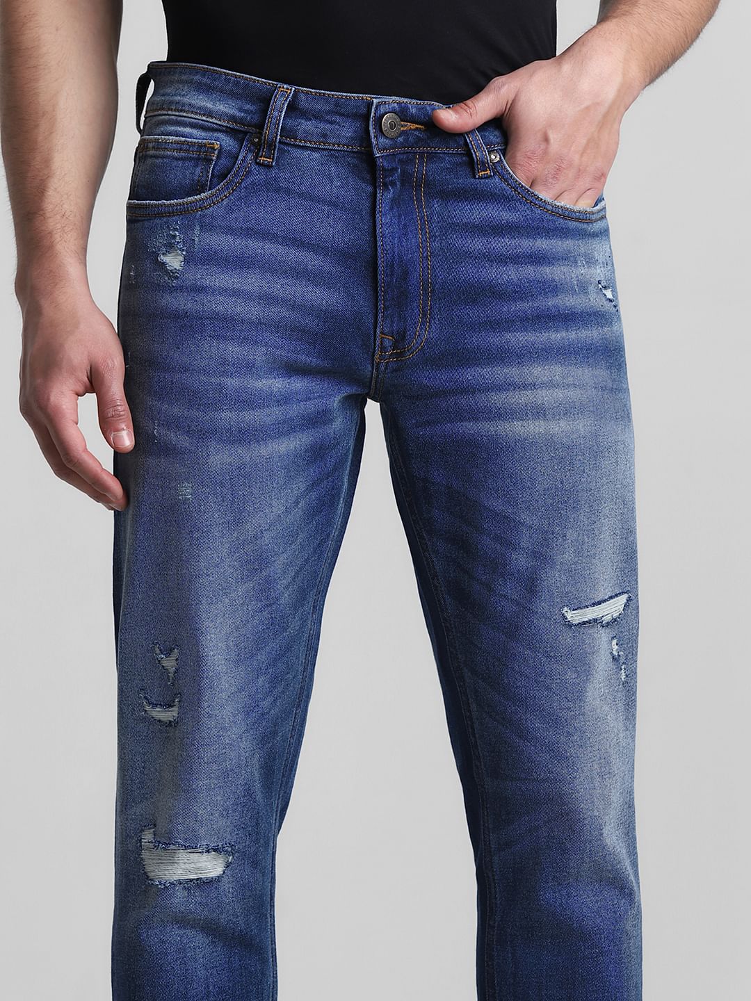 Blue Low Rise Distressed Tim Anti Fit Jeans