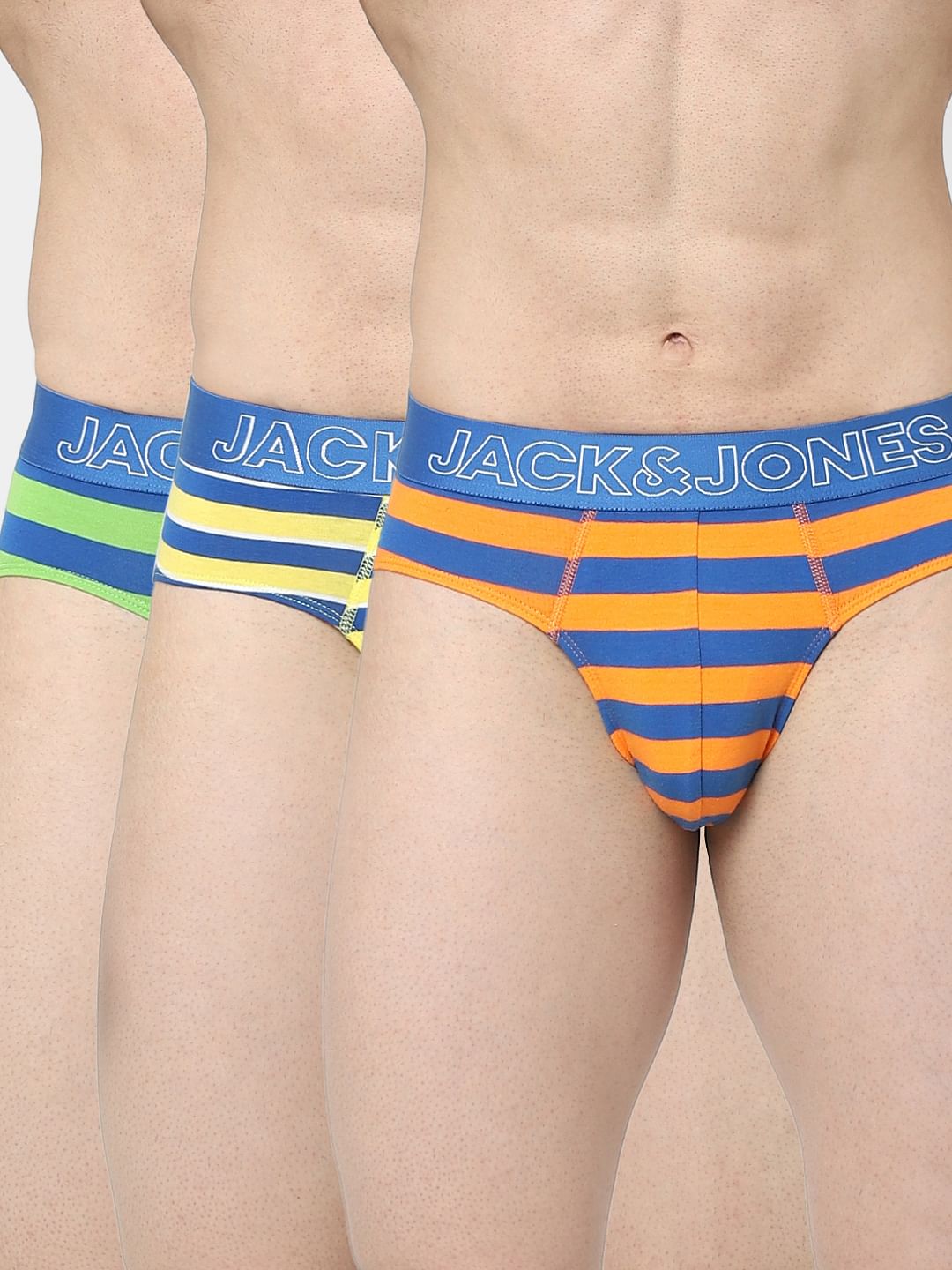 Pack Of 3 Orange, Blue & Green Striped Briefs - S
