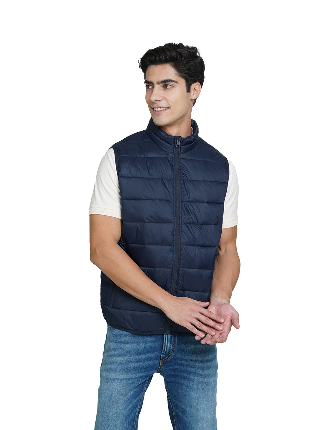 Navy Blue High-Neck Sleeveless Puffer Vest - XS
