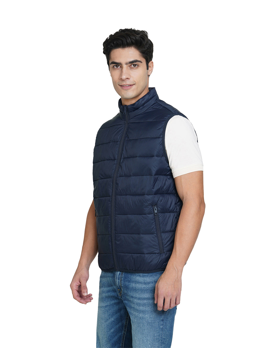 Navy Blue High-Neck Sleeveless Puffer Vest