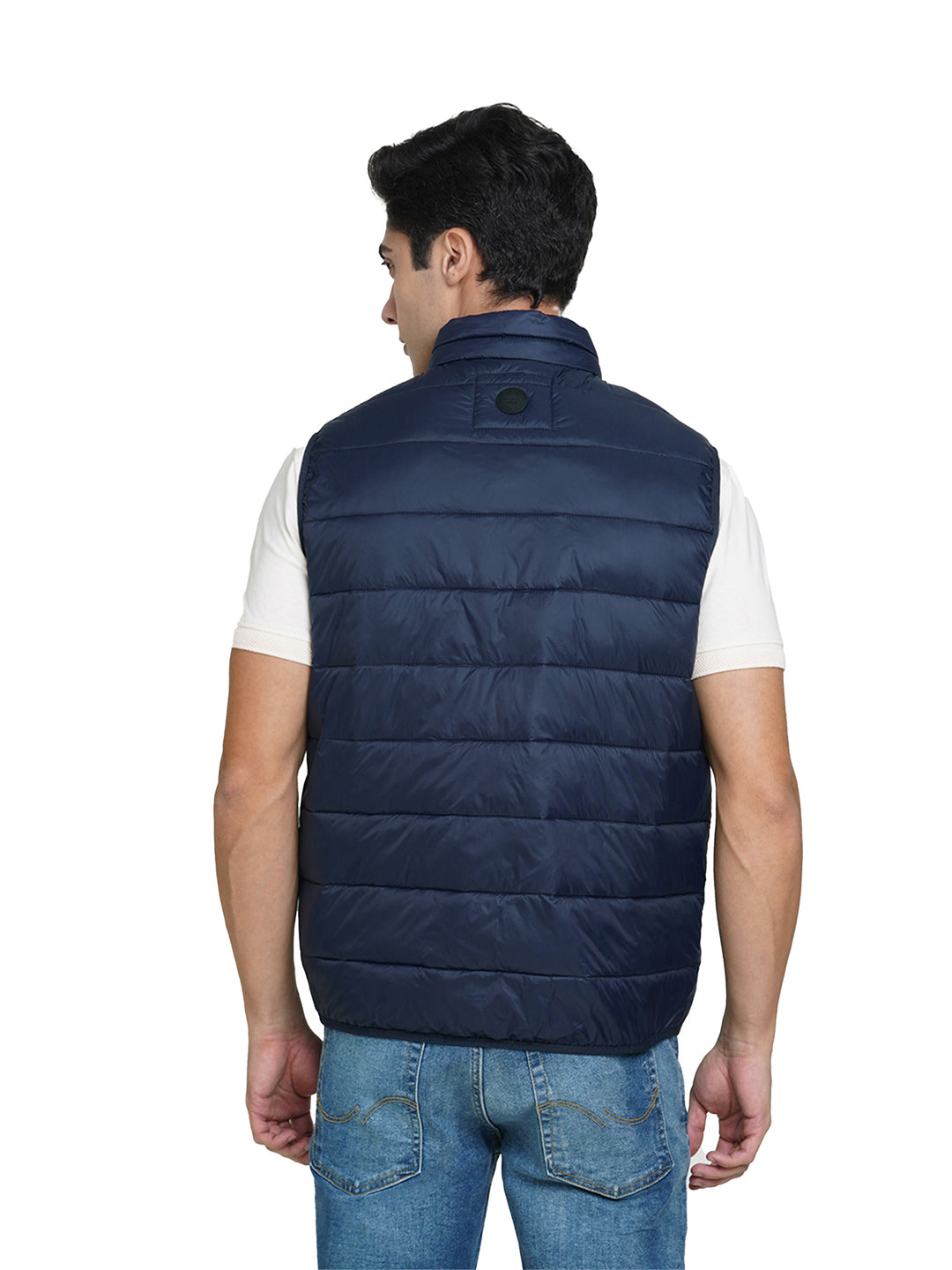 Navy Blue High-Neck Sleeveless Puffer Vest