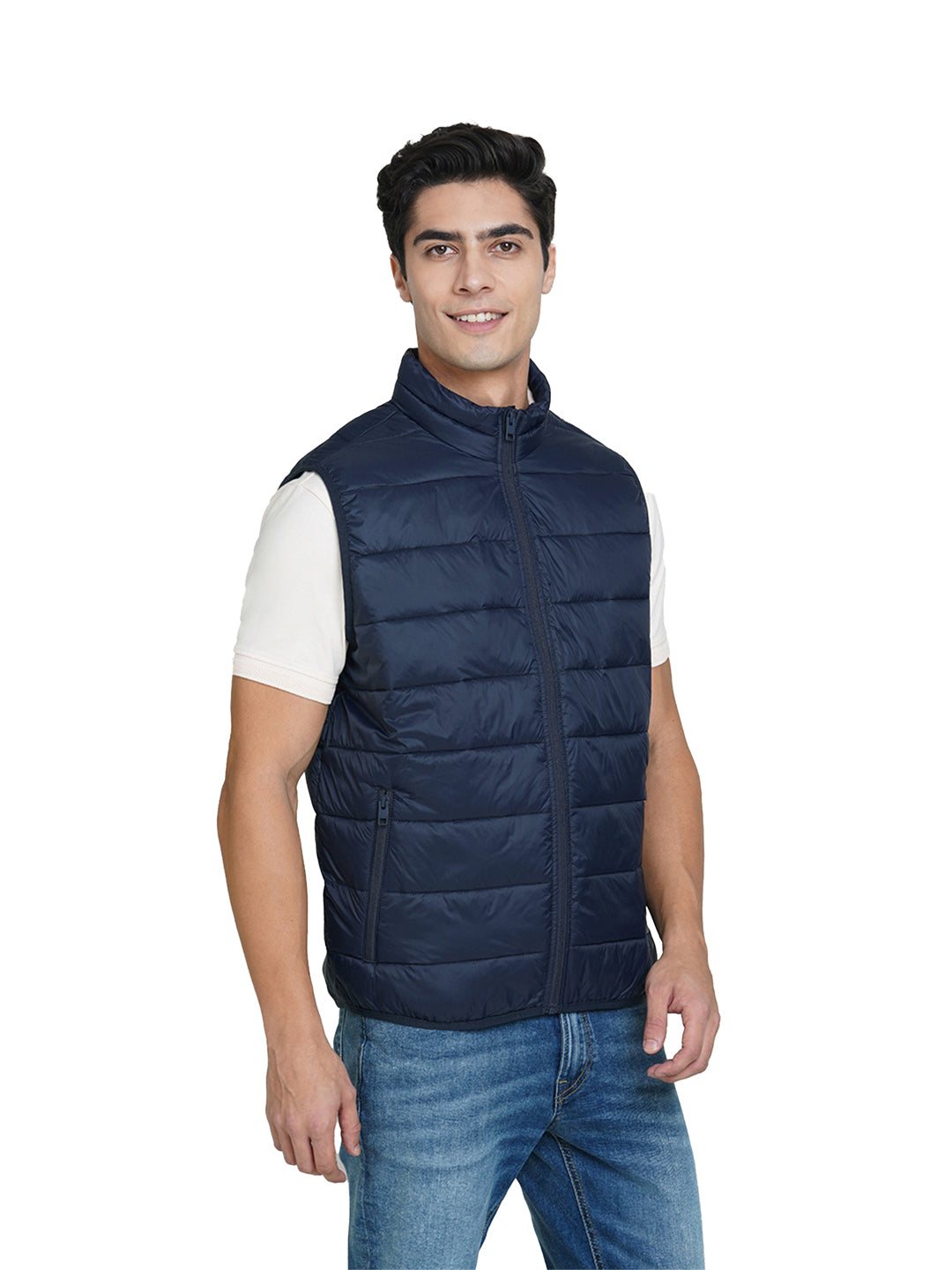 Navy Blue High-Neck Sleeveless Puffer Vest