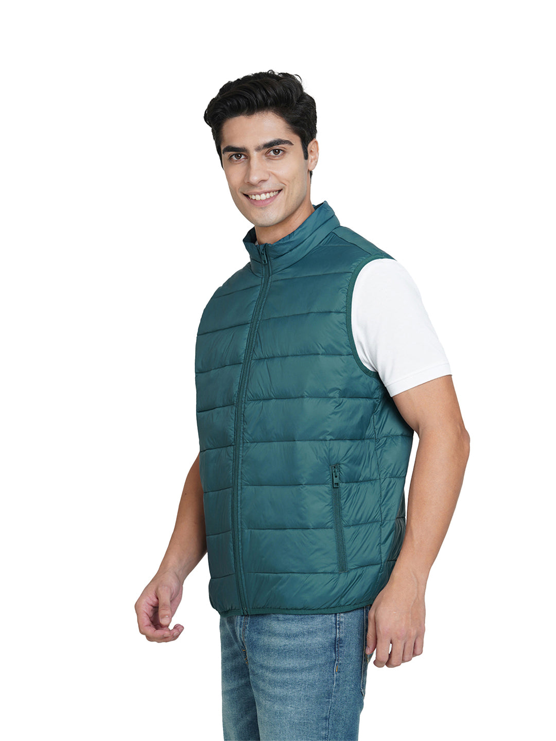Green High-Neck Sleeveless Puffer Vest