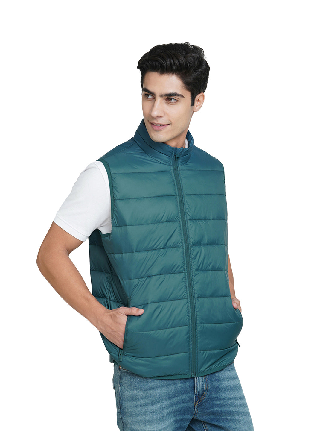 Green High-Neck Sleeveless Puffer Vest