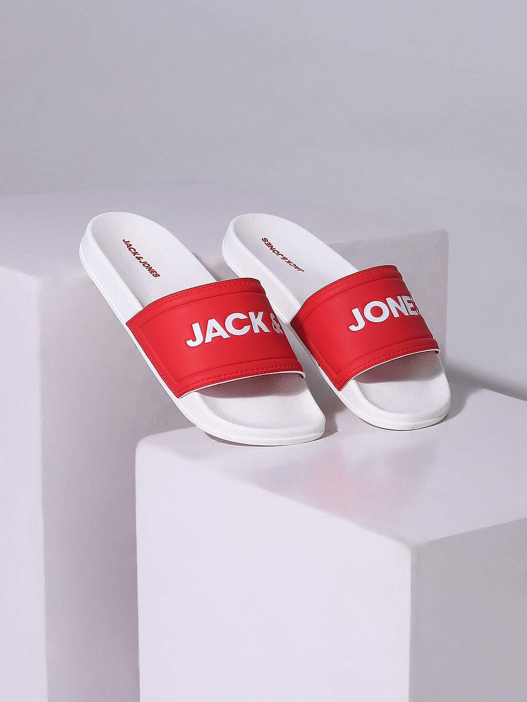 White & Red Logo Print Sliders