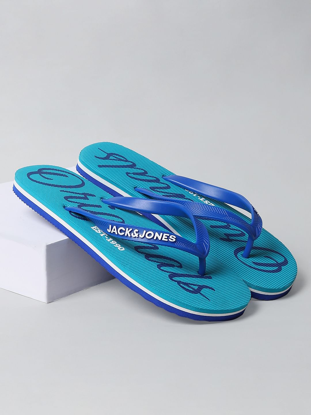 Blue Logo Print Flip Flops
