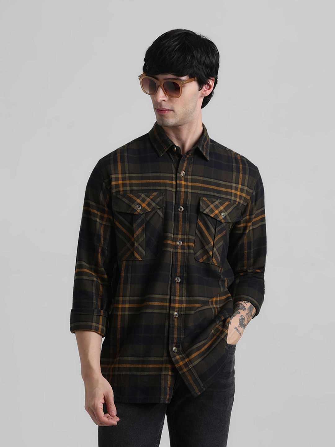 Green Check Print Shirt - S