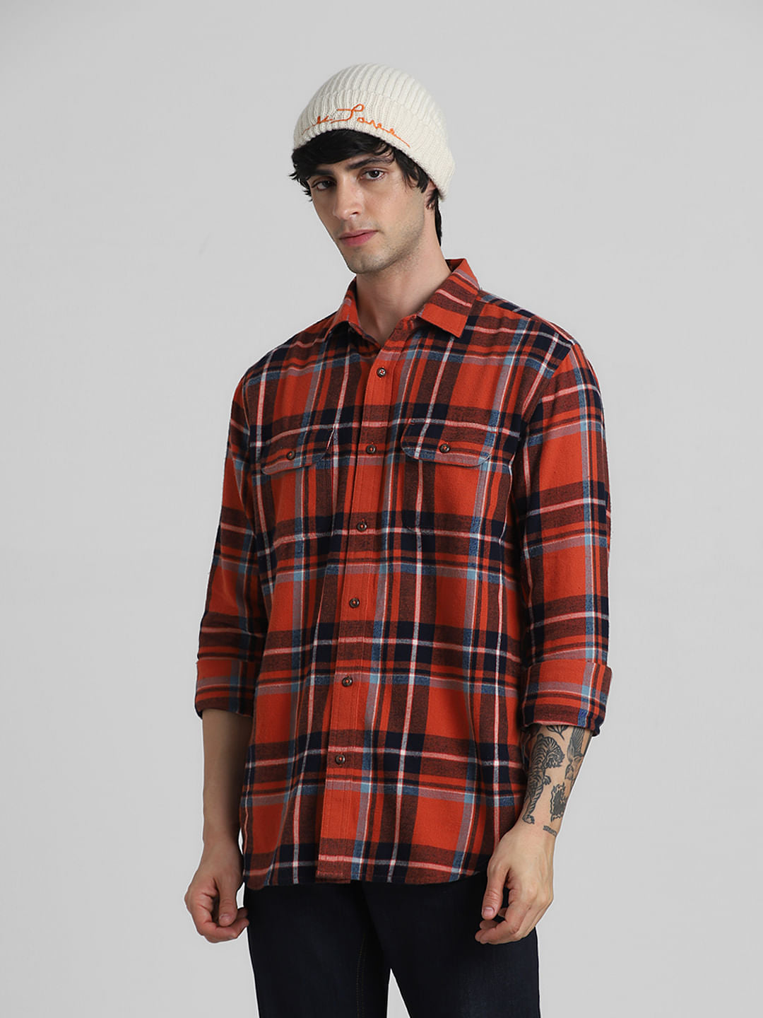 Brown Check Print Full Sleeves Shirt - S