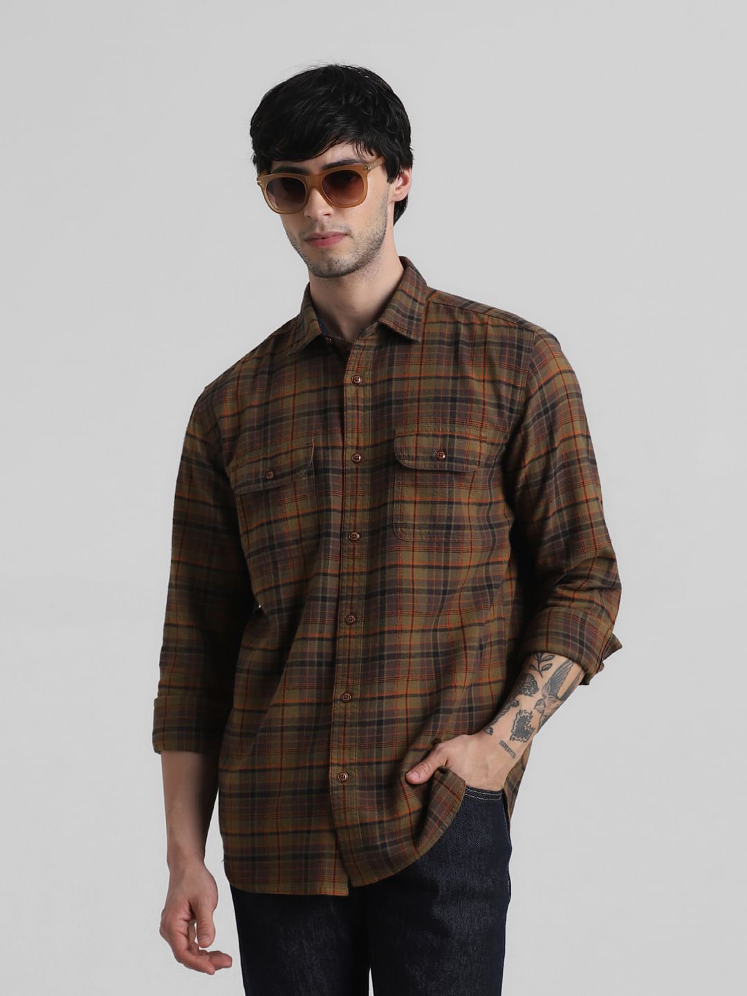 Green Check Print Full Sleeves Shirt - S