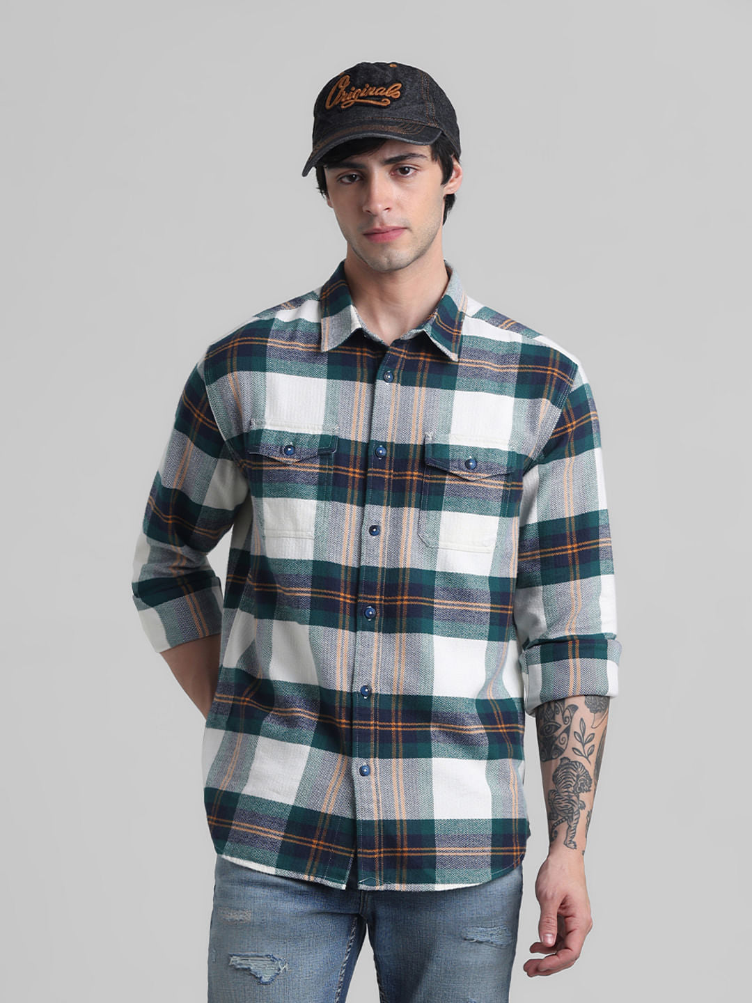 White Check Print Cotton Shirt - S