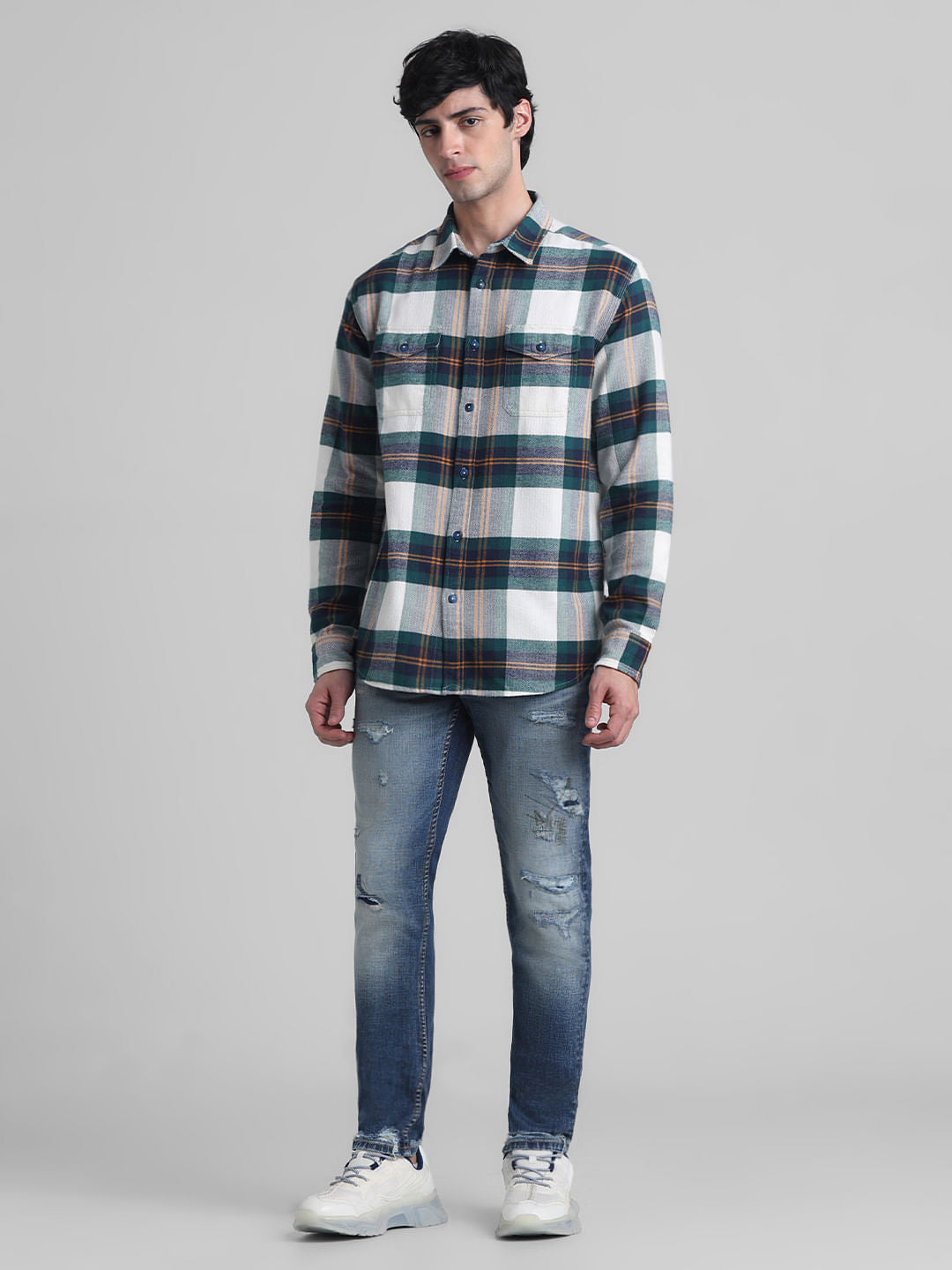 White Check Print Cotton Shirt