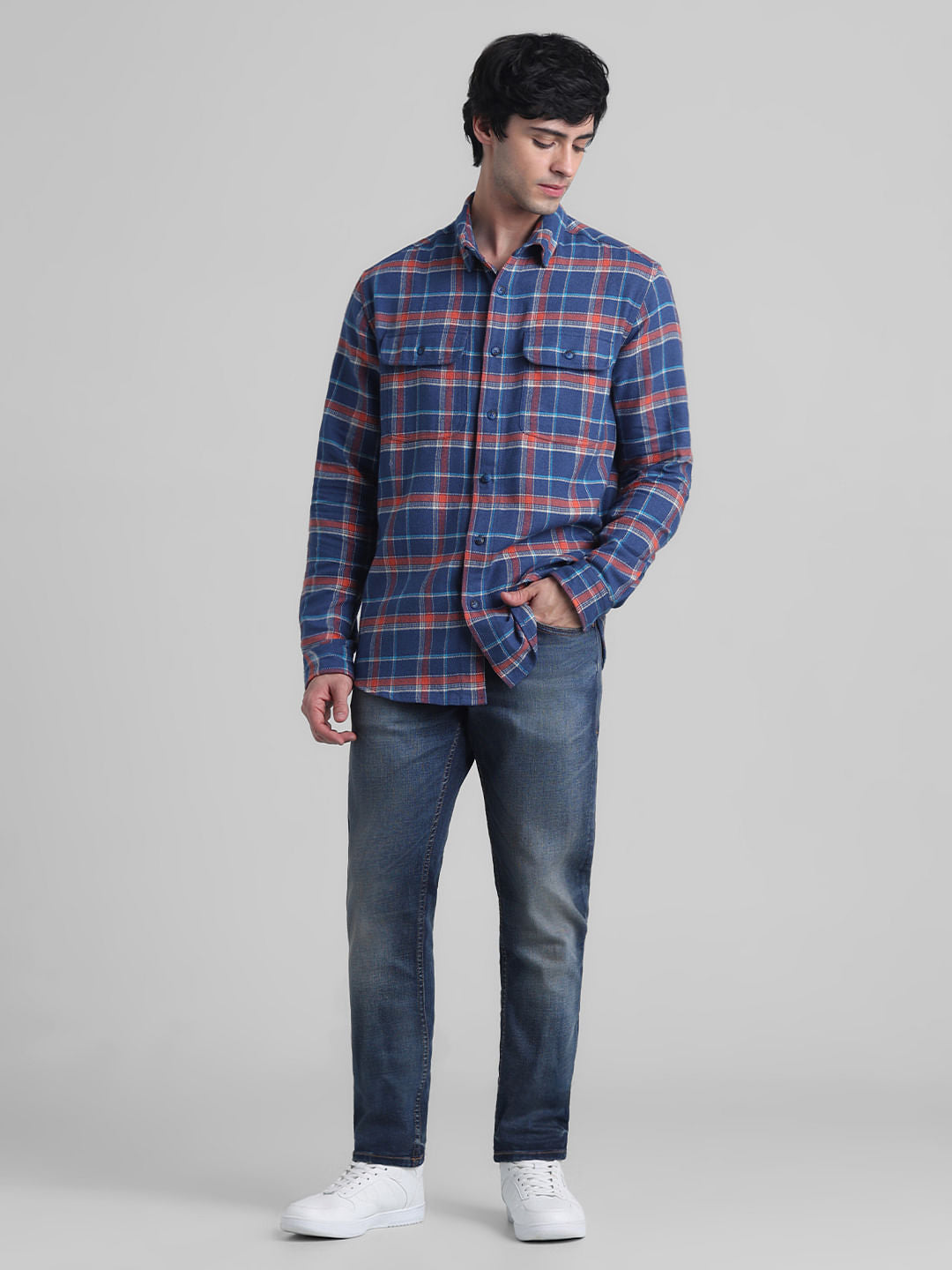 Dark Blue Check Cotton Shirt