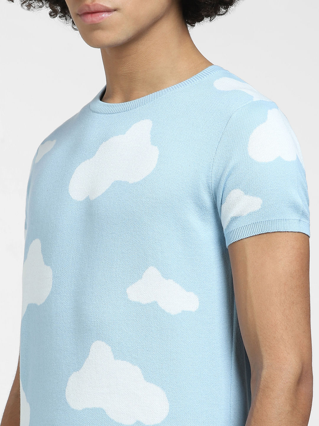 Light Blue Cloud Print Knit T-shirt