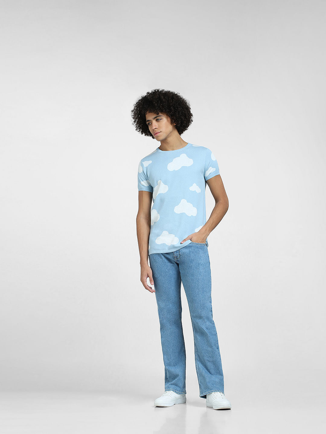 Light Blue Cloud Print Knit T-shirt