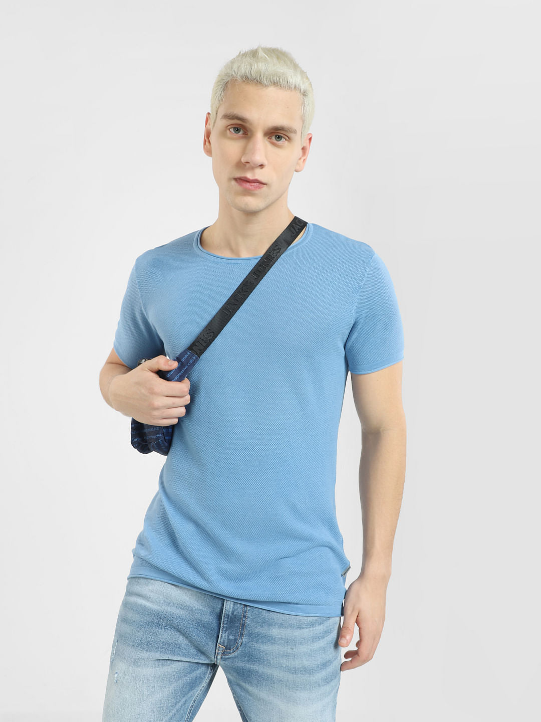 Blue Knit Crew Neck T-shirt - S