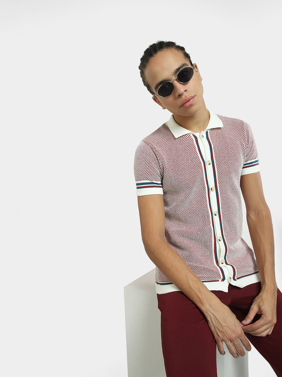 Purple Printed Front Open Polo T-shirt - S