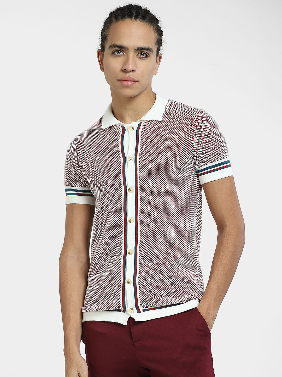 Purple Printed Front Open Polo T-shirt